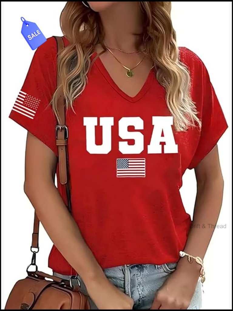 Patriotic V-Neck T-Shirt Soft Cotton Blend Usa Flag Graphic Tee